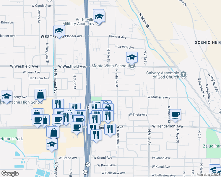 map of restaurants, bars, coffee shops, grocery stores, and more near 810 Gerry Lane in Porterville