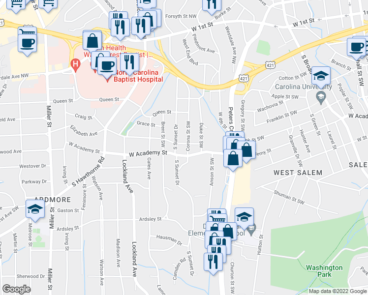 map of restaurants, bars, coffee shops, grocery stores, and more near 506 Corona Street in Winston-Salem