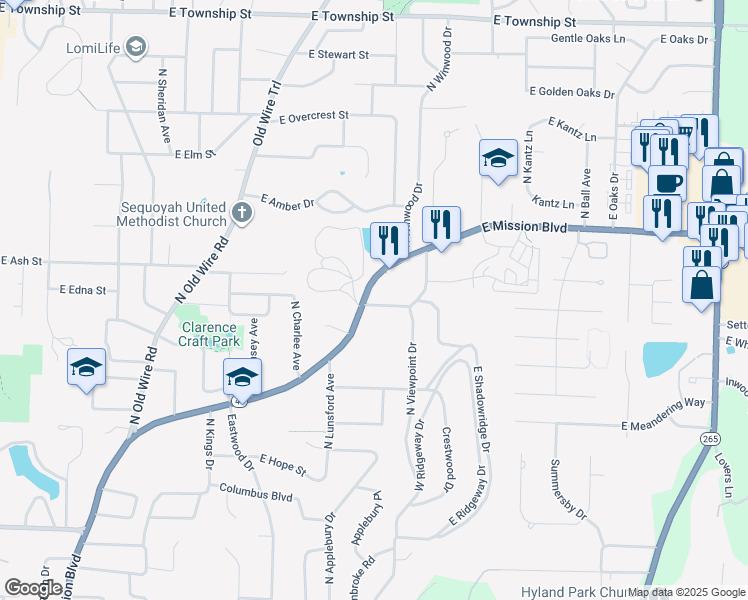 map of restaurants, bars, coffee shops, grocery stores, and more near 1729 East Mission Boulevard in Fayetteville