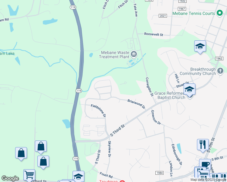 map of restaurants, bars, coffee shops, grocery stores, and more near 200 Huckleberry Loop in Mebane