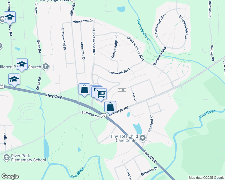 map of restaurants, bars, coffee shops, grocery stores, and more near 2107 Bartlett Circle in Hillsborough