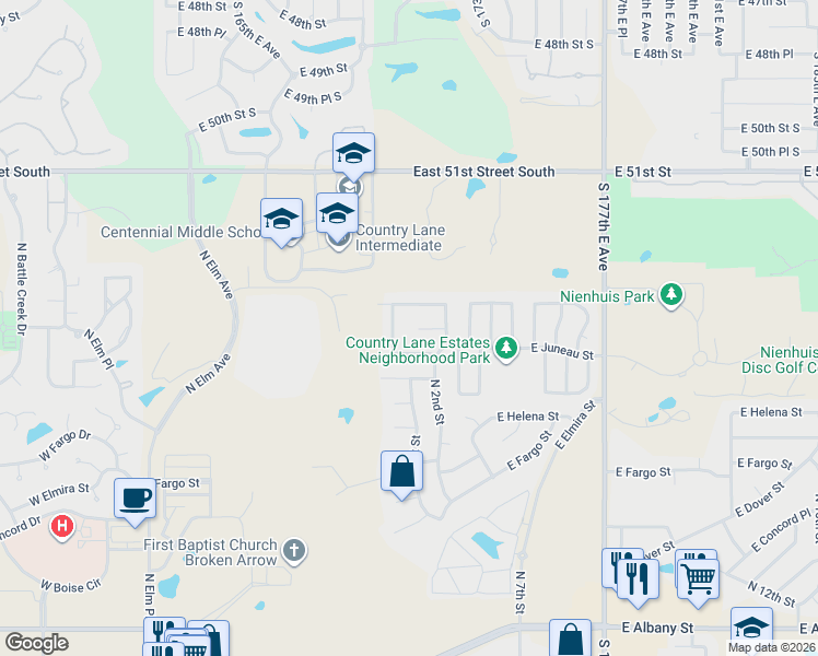 map of restaurants, bars, coffee shops, grocery stores, and more near 121 East Kansas Street in Broken Arrow