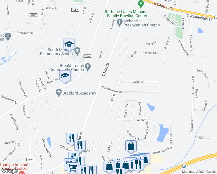 map of restaurants, bars, coffee shops, grocery stores, and more near 327 East McPherson Drive in Mebane
