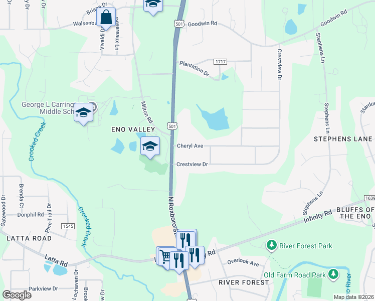 map of restaurants, bars, coffee shops, grocery stores, and more near 121 Cheryl Avenue in Durham