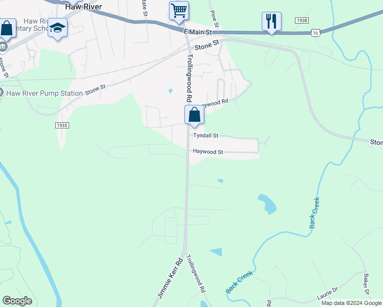 map of restaurants, bars, coffee shops, grocery stores, and more near 406 Trollingwood Road in Haw River
