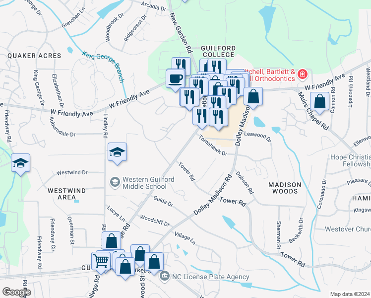 map of restaurants, bars, coffee shops, grocery stores, and more near 523 College Road in Greensboro