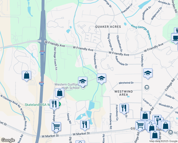 map of restaurants, bars, coffee shops, grocery stores, and more near 607 Friendway Road in Greensboro