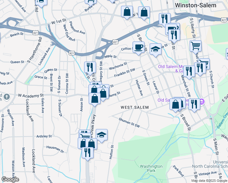 map of restaurants, bars, coffee shops, grocery stores, and more near 1052 Bank Street Southwest in Winston-Salem