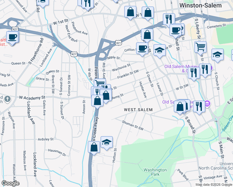 map of restaurants, bars, coffee shops, grocery stores, and more near 1052 Bank Street Southwest in Winston-Salem