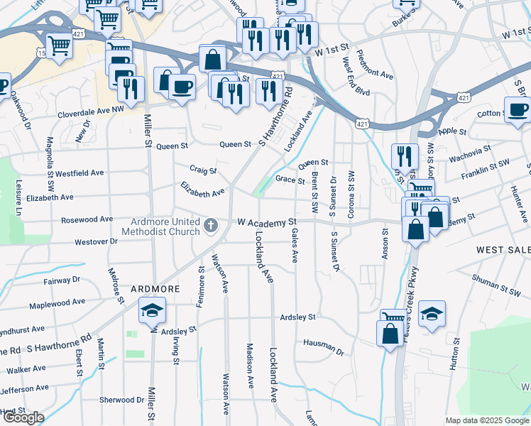 map of restaurants, bars, coffee shops, grocery stores, and more near 1838 Elizabeth Avenue in Winston-Salem