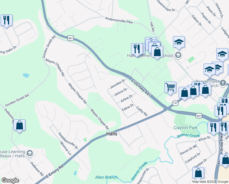 map of restaurants, bars, coffee shops, grocery stores, and more near 7544 Jessilee Drive in Knoxville