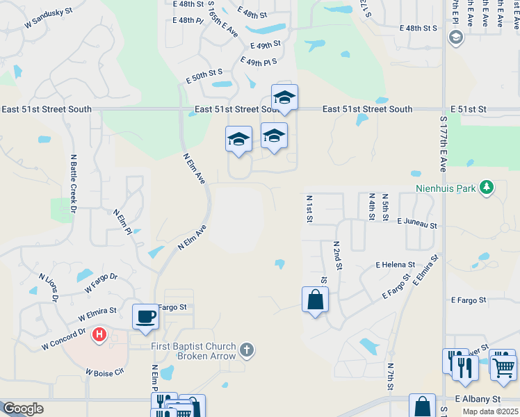 map of restaurants, bars, coffee shops, grocery stores, and more near 225 East Omaha Street in Broken Arrow
