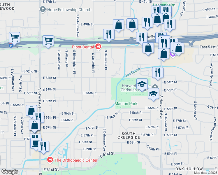 map of restaurants, bars, coffee shops, grocery stores, and more near 5325 South Delaware Place in Tulsa