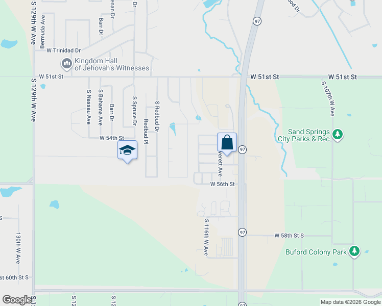 map of restaurants, bars, coffee shops, grocery stores, and more near 208 West 54th Street in Sand Springs