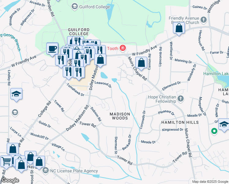 map of restaurants, bars, coffee shops, grocery stores, and more near 608 Leawood Drive in Greensboro