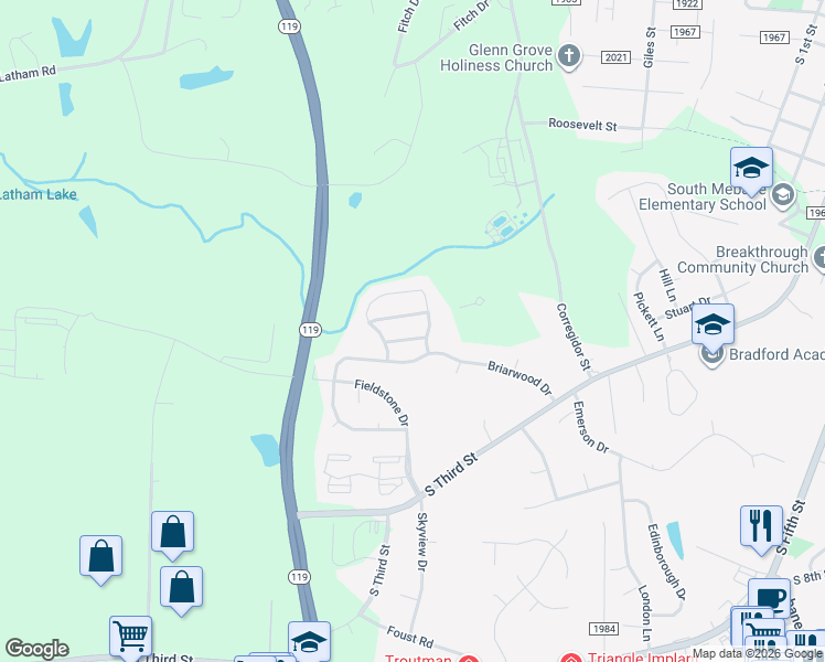 map of restaurants, bars, coffee shops, grocery stores, and more near 404 Sunland Drive in Mebane