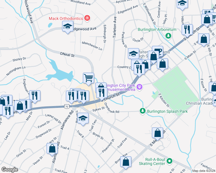 map of restaurants, bars, coffee shops, grocery stores, and more near 624 Country Club Drive in Burlington