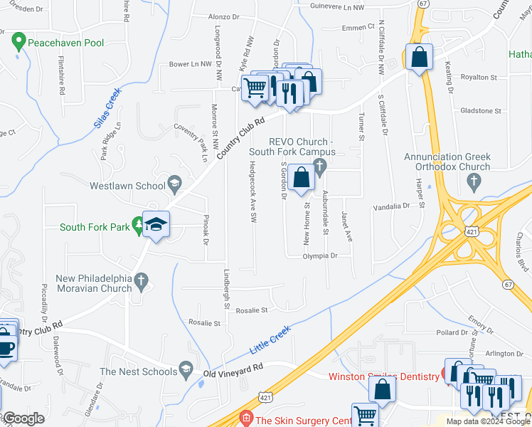 map of restaurants, bars, coffee shops, grocery stores, and more near 209 Hedgecock Avenue in Winston-Salem
