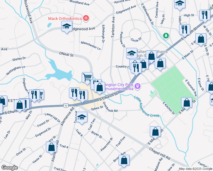 map of restaurants, bars, coffee shops, grocery stores, and more near 624 Country Club Drive in Burlington