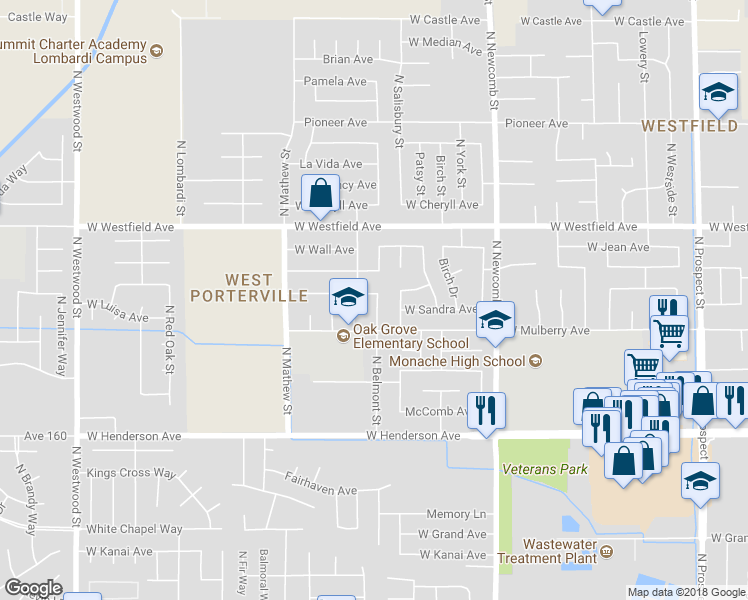 map of restaurants, bars, coffee shops, grocery stores, and more near 1801 West Monache Avenue in Porterville