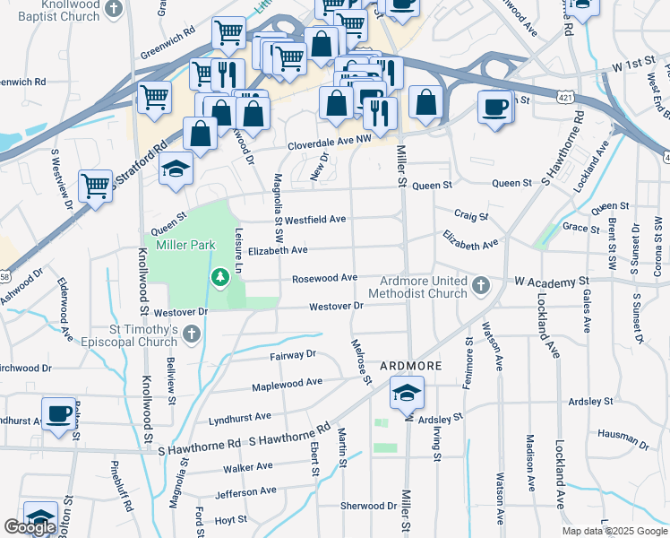 map of restaurants, bars, coffee shops, grocery stores, and more near 2320 Elizabeth Avenue in Winston-Salem