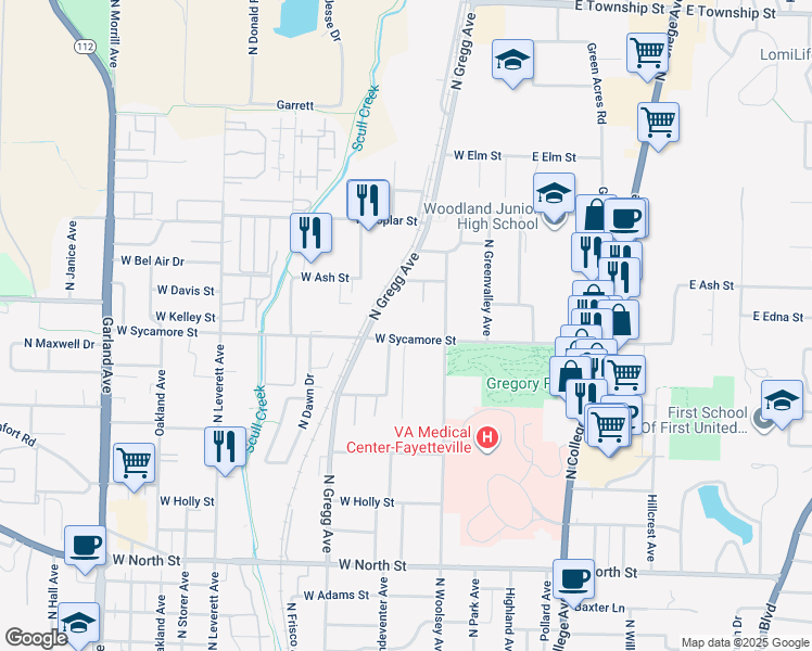 map of restaurants, bars, coffee shops, grocery stores, and more near 1740 North Gregg Avenue in Fayetteville