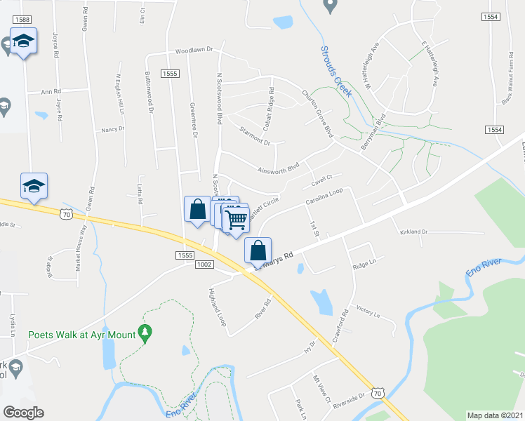 map of restaurants, bars, coffee shops, grocery stores, and more near 2107 Bartlett Circle in Hillsborough