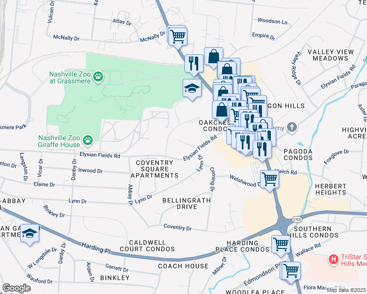 map of restaurants, bars, coffee shops, grocery stores, and more near 4808 Lynn Drive in Nashville