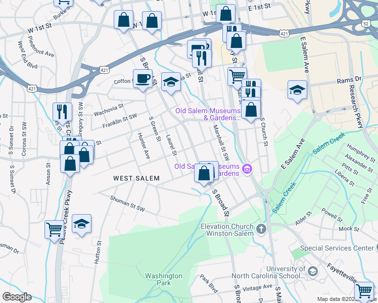 map of restaurants, bars, coffee shops, grocery stores, and more near 608 West Street Southwest in Winston-Salem