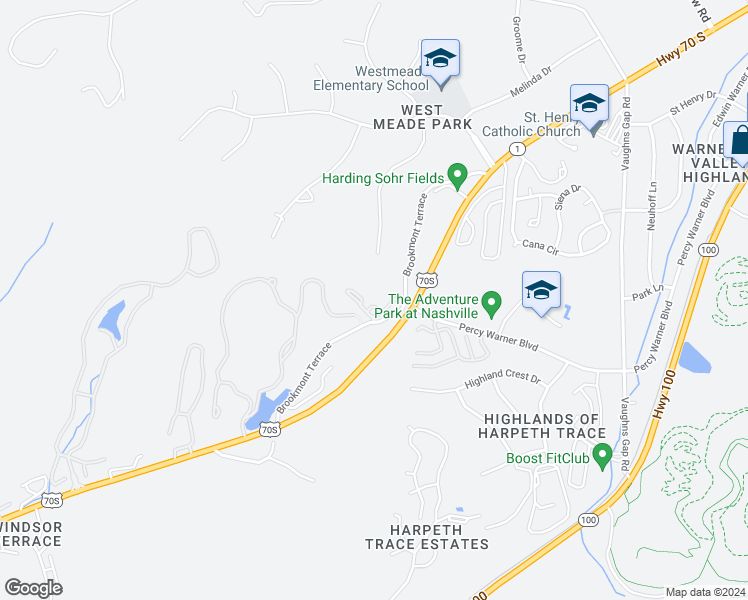 map of restaurants, bars, coffee shops, grocery stores, and more near 6666 Brookmont Terrace in Nashville