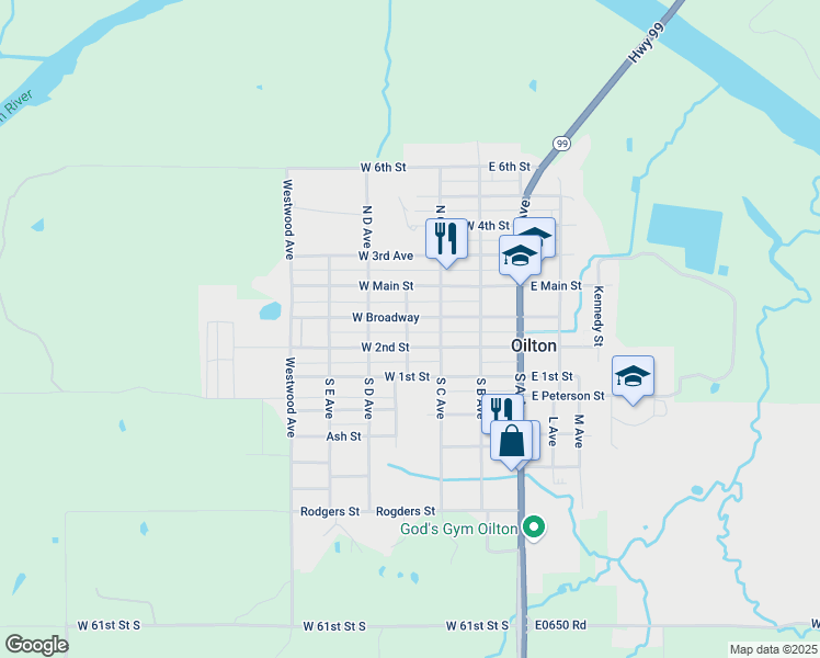 map of restaurants, bars, coffee shops, grocery stores, and more near 204 Santa Fe Avenue in Oilton