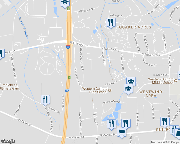 map of restaurants, bars, coffee shops, grocery stores, and more near 503 Greentree Drive in Greensboro