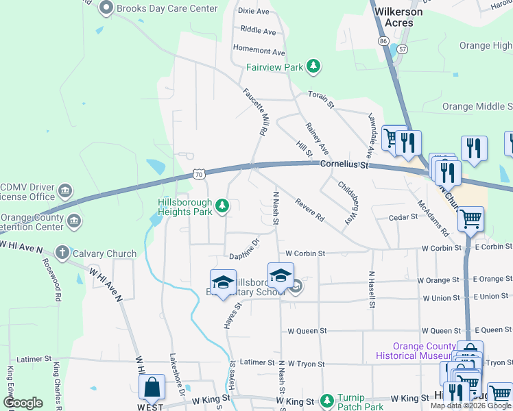 map of restaurants, bars, coffee shops, grocery stores, and more near 527 Twisted Maple Lane in Hillsborough