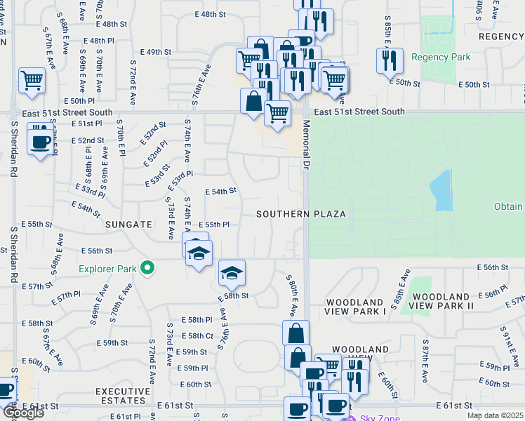 map of restaurants, bars, coffee shops, grocery stores, and more near 7633 East 55th Street in Tulsa
