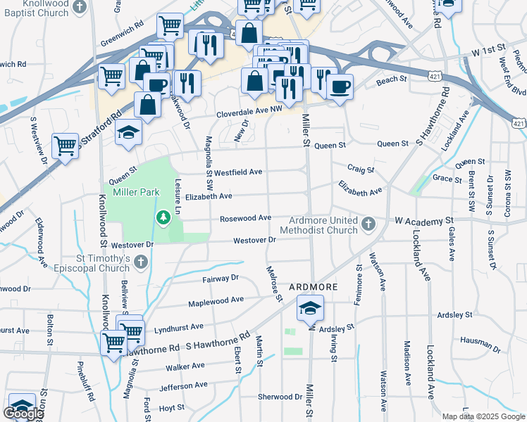 map of restaurants, bars, coffee shops, grocery stores, and more near 2320 Elizabeth Avenue in Winston-Salem