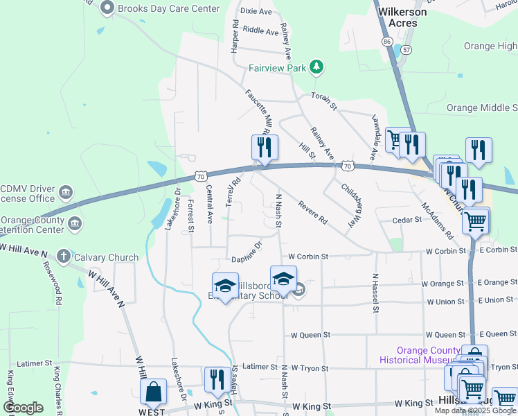 map of restaurants, bars, coffee shops, grocery stores, and more near 527 Twisted Maple Lane in Hillsborough