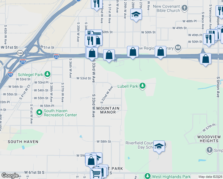 map of restaurants, bars, coffee shops, grocery stores, and more near 3208 West 53rd Street in Tulsa