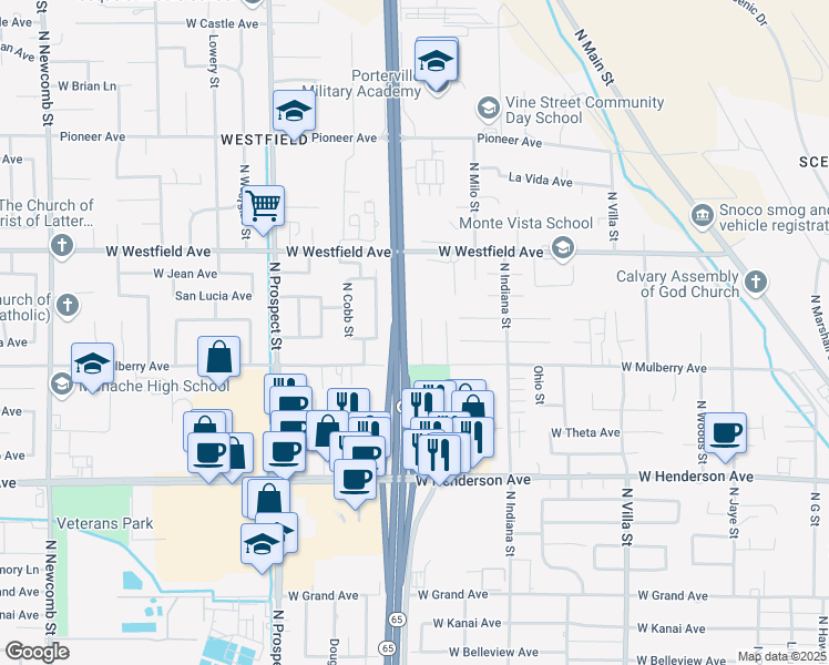 map of restaurants, bars, coffee shops, grocery stores, and more near 1061 Stonegate Cove Drive in Porterville