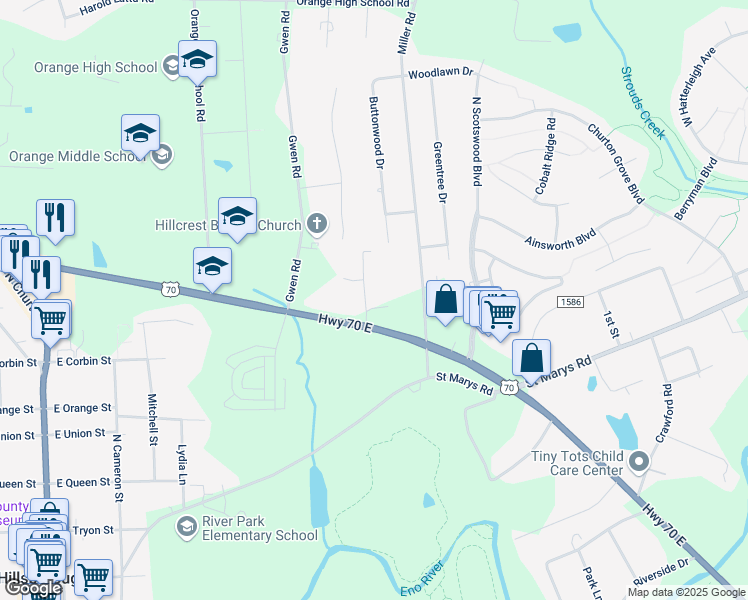 map of restaurants, bars, coffee shops, grocery stores, and more near 203 Latta Road in Hillsborough
