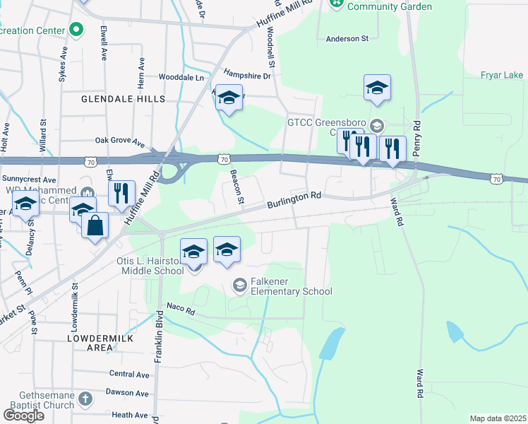 map of restaurants, bars, coffee shops, grocery stores, and more near 3408B Burlington Road in Greensboro