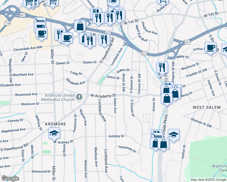 map of restaurants, bars, coffee shops, grocery stores, and more near 512 Gales Avenue in Winston-Salem