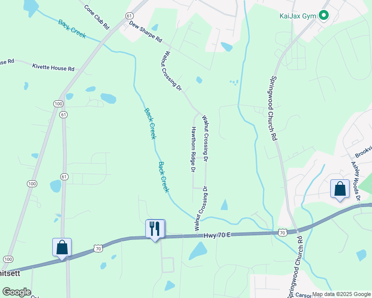 map of restaurants, bars, coffee shops, grocery stores, and more near 608 Hawthorn Ridge Drive in Whitsett