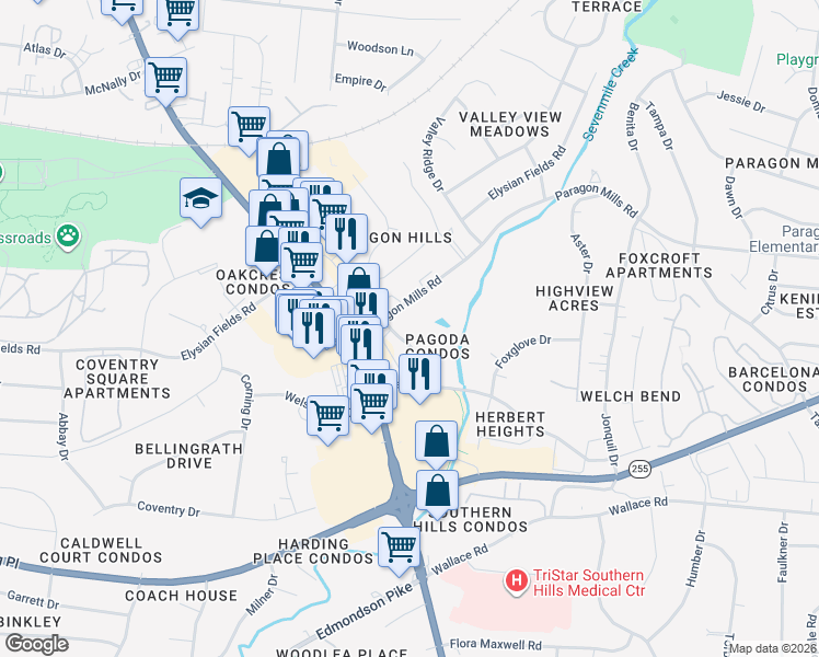 map of restaurants, bars, coffee shops, grocery stores, and more near 525 Paragon Mills Road in Nashville