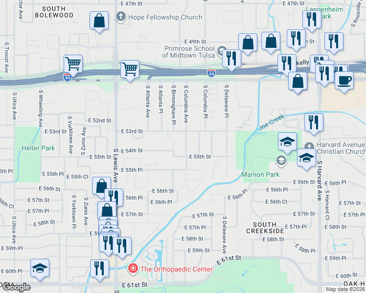 map of restaurants, bars, coffee shops, grocery stores, and more near 5332 South Columbia Avenue in Tulsa