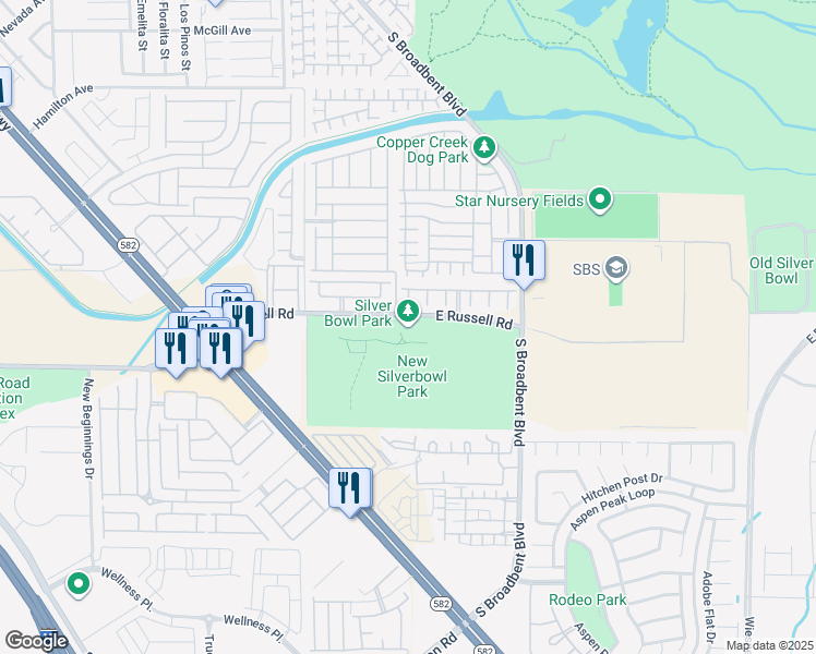 map of restaurants, bars, coffee shops, grocery stores, and more near 6800 East Russell Road in Las Vegas