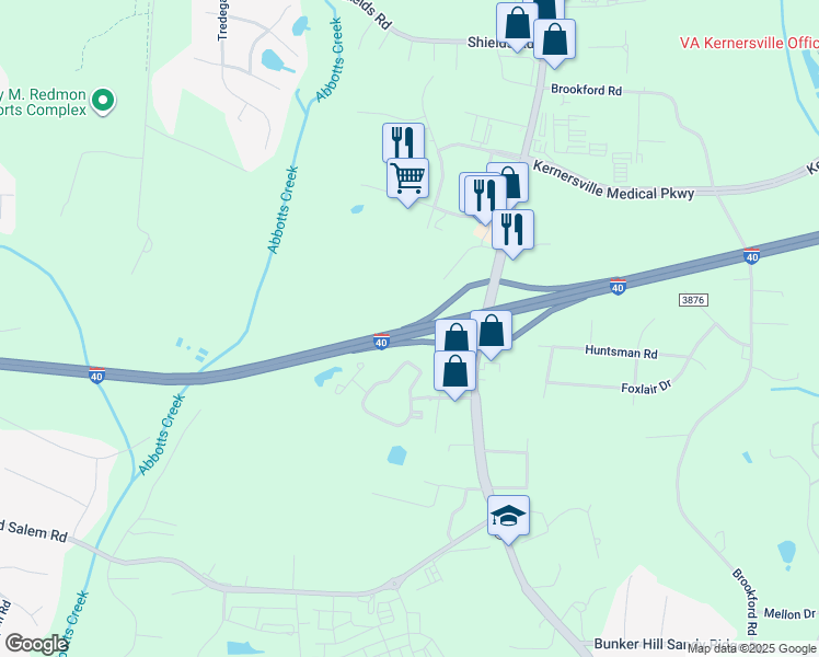 map of restaurants, bars, coffee shops, grocery stores, and more near Interstate 40 in Kernersville