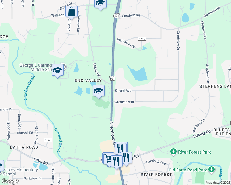 map of restaurants, bars, coffee shops, grocery stores, and more near 5412 North Roxboro Street in Durham