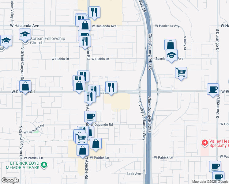 map of restaurants, bars, coffee shops, grocery stores, and more near 9206 West Russell Road in Las Vegas