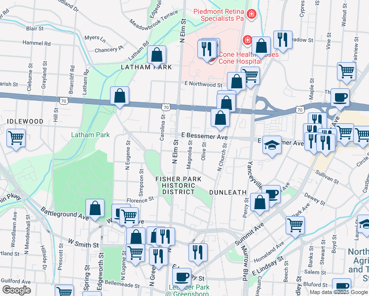 map of restaurants, bars, coffee shops, grocery stores, and more near 1004 Magnolia Street in Greensboro