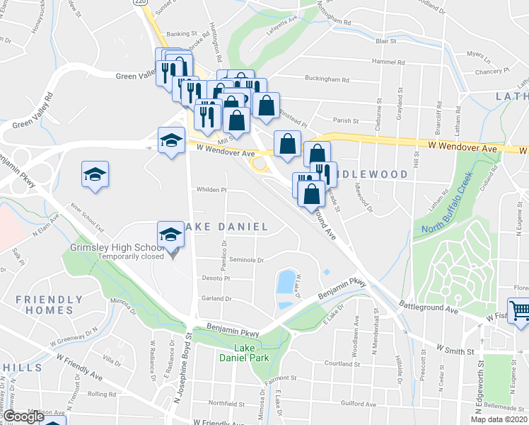 map of restaurants, bars, coffee shops, grocery stores, and more near 1402 Whilden Place in Greensboro